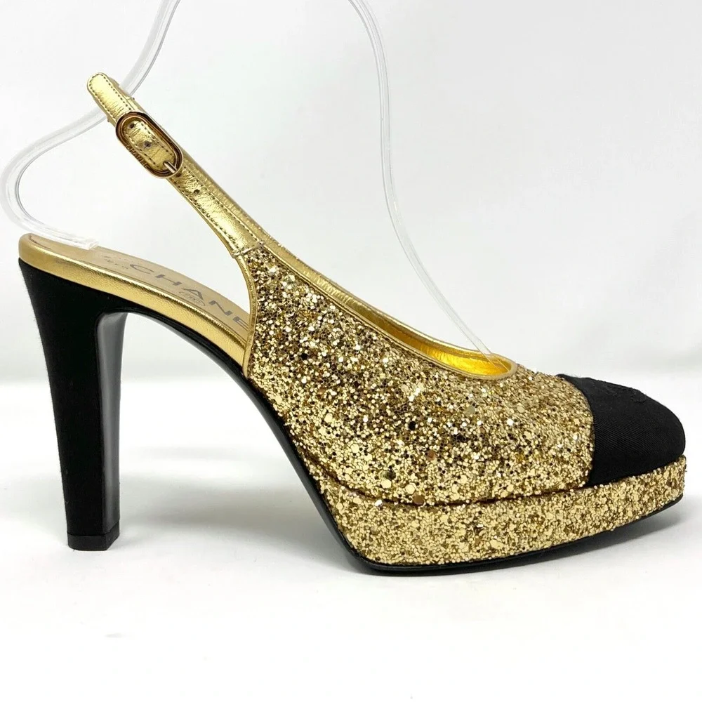 Chanel Gold Glitter Cap Toe Slingback Heels‎ Platform 38